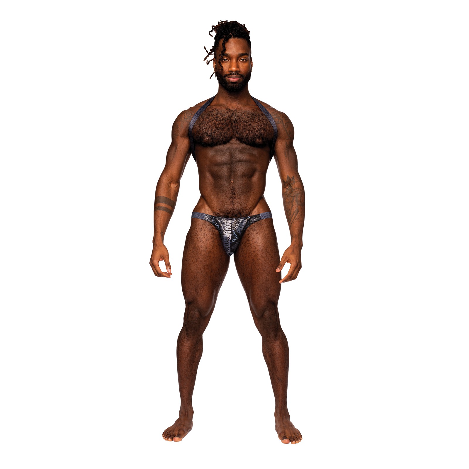 Snaked Metallic Coated Harness Thong for Bold Men