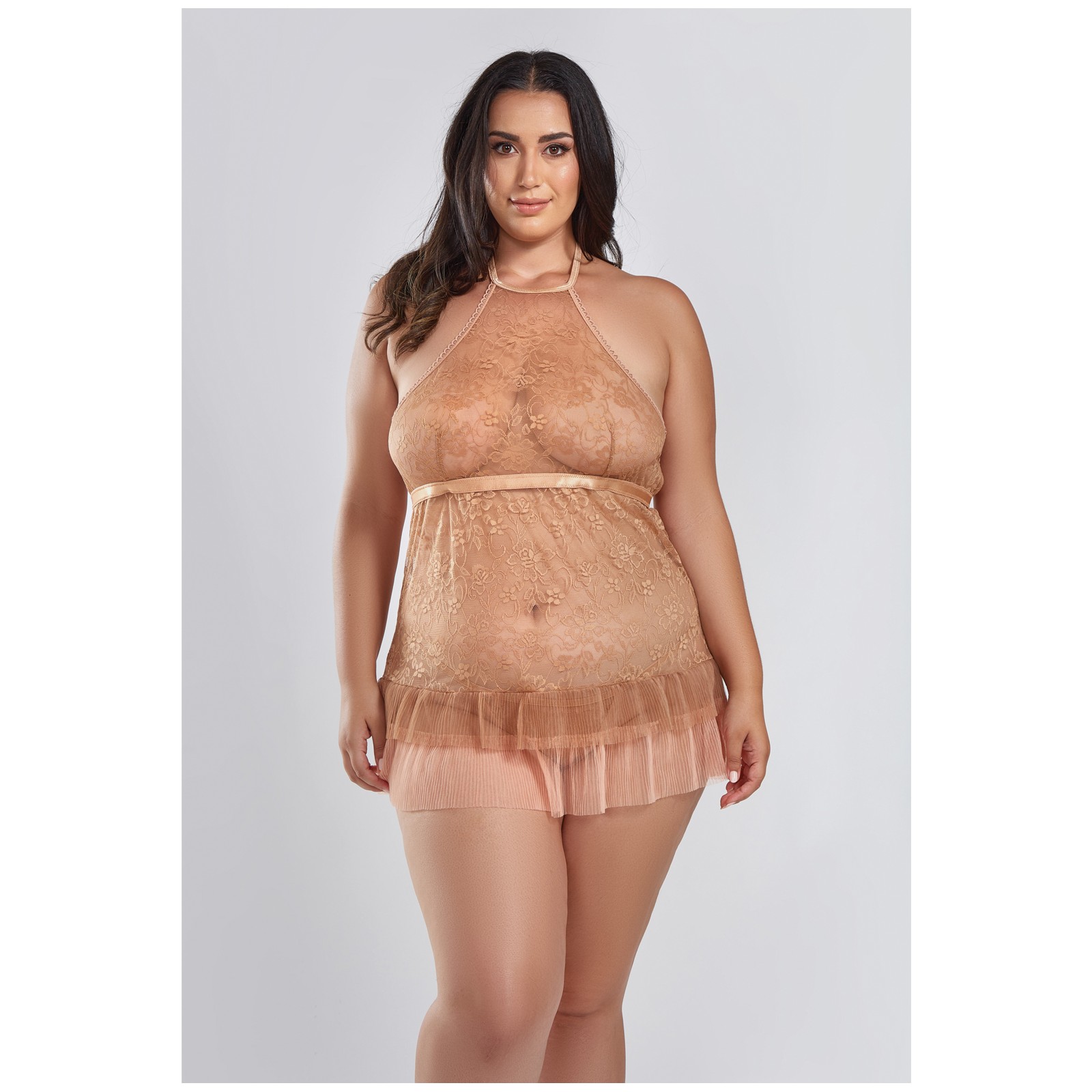 Amber Lace Babydoll with G-String - Brown 1X