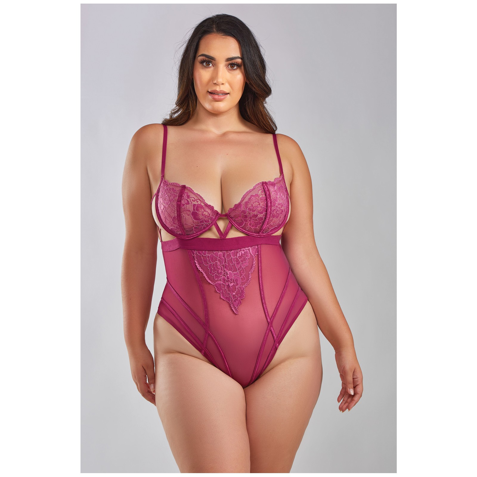 Quinn Cross Dyed Galloon Lace & Mesh Teddy - Wine 1X