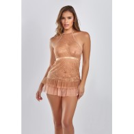 Babydoll de Encaje Halter con G-String Marrón XL