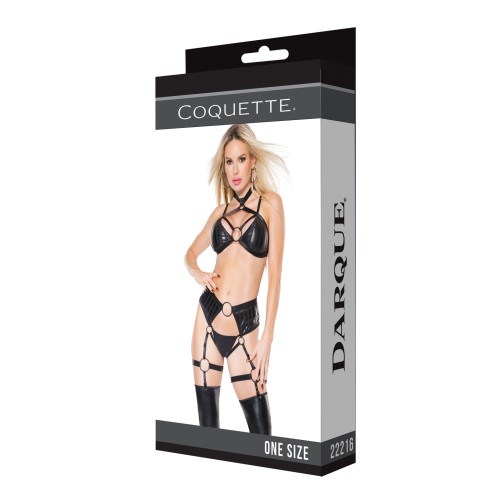 Darque Wet Look Strappy Halter Top & Garter Panty Black