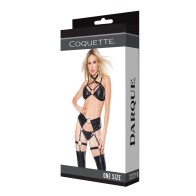 Darque Wet Look Strappy Halter Top & Garter Panty Black