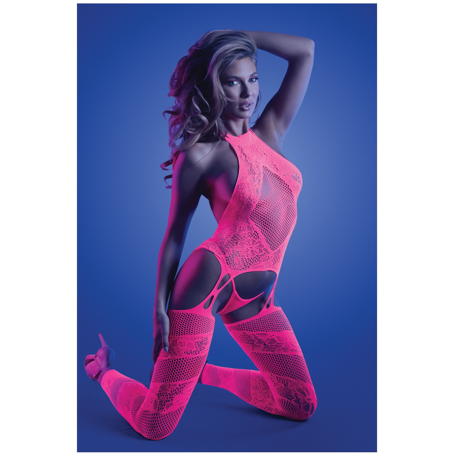 Bodystocking Halter Captivador y Tanga Neón Rosa Talla Única