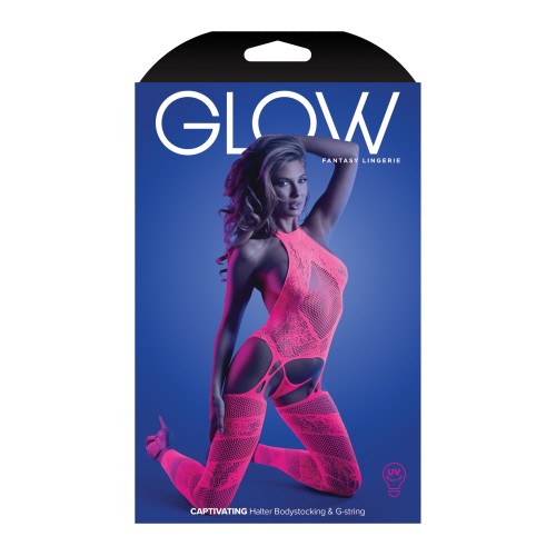 Glow Captivating Halter Bodystocking & G-String Neon Pink O/S